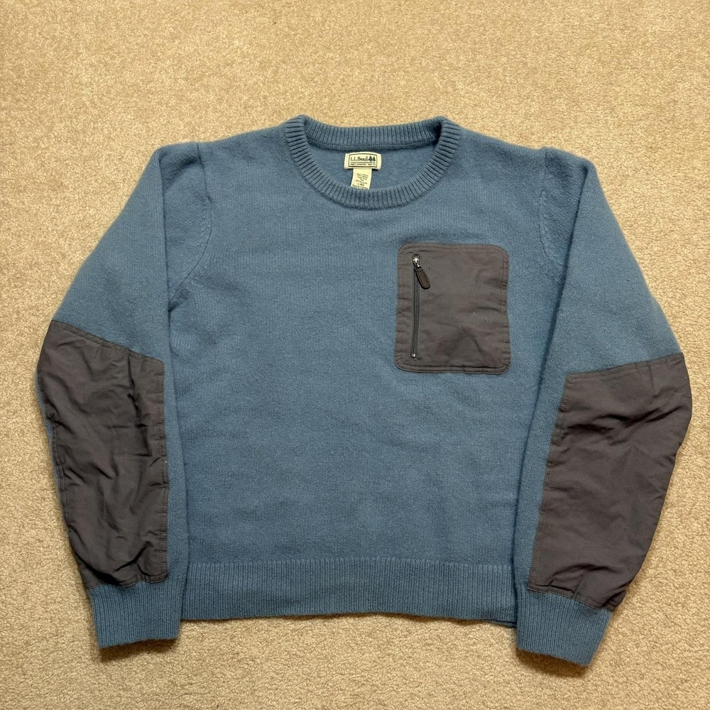 LL Bean Sweater Mens Large Blue Merino Wool Crewneck Zip Pocket‎ Elbow Patches